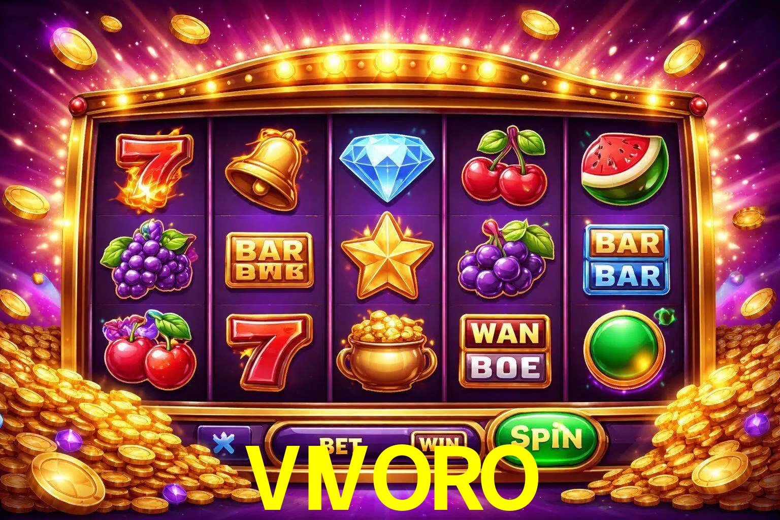 Una interfaz colorida de tragamonedas en línea con símbolos brillantes, monedas y un efecto de victoria celebratoria en VIVORO.