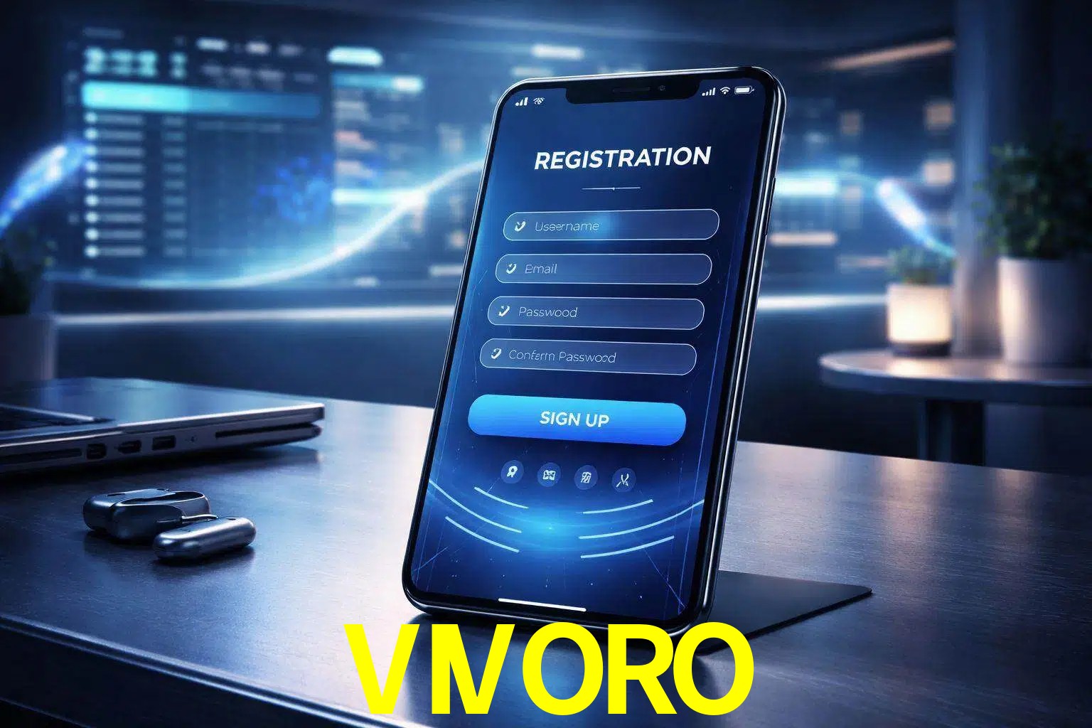 Una interfaz moderna de registro móvil para VIVORO mostrada en un smartphone con un panel de apuestas elegante.